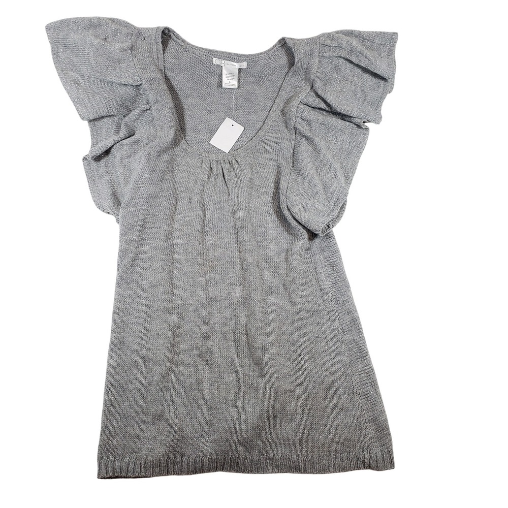Charlotte Russe Gray Silver‎ Metallic Knit Ruffle Sleeve Top Blouse Size L
